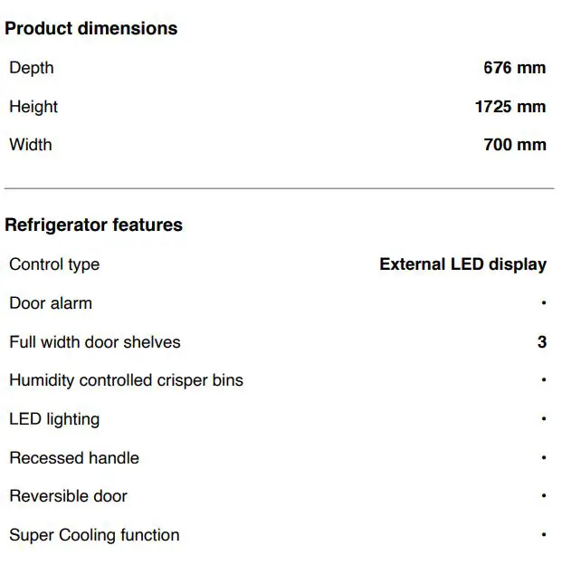 Haier HRF450BW2 70cm 419L Bottom Mount Fridge Freezer User Guide - SPECIFICATIONS