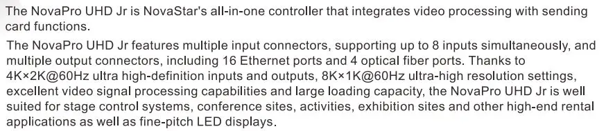 NOVASTAR NovaPro UHD Jr All-in-One Video Processing Controller User Guide - Introduction Text