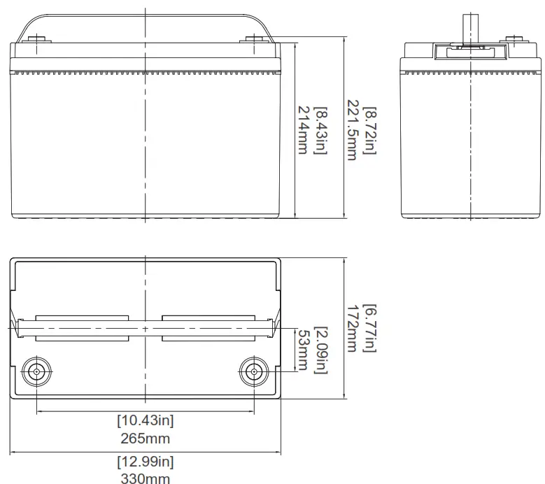 RENOGY RBT100LFP12 BT 12V 100Ah Lithium Iron Phosphate Battery with Bluetooth -Dimensionsrts