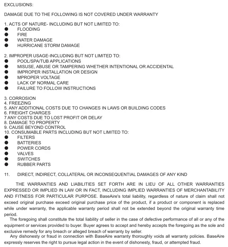 base aire AirWerx - Limited Warranty Exclusions