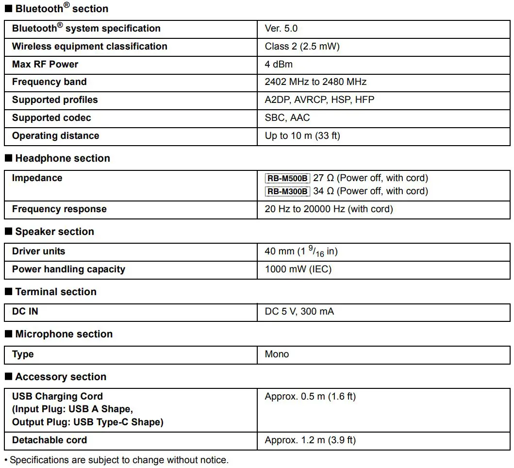 Panasonic Digital Wireless Stereo Headphones Owner’s Manual - Specifications
