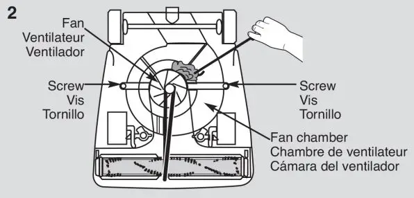 Powr-Flite PF712DC Commercial Upright Vacuum CLeaner User Manual - How to clear clog in fan chamber
