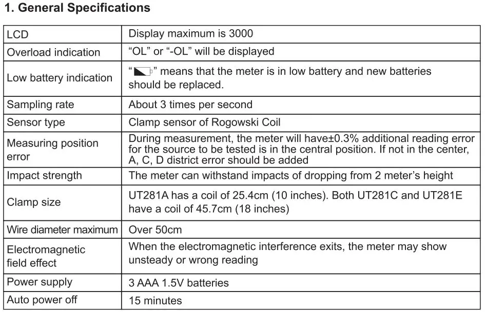 UNI-T UT281E True RMS Flex Clamp User Manual - Technical Specifications
