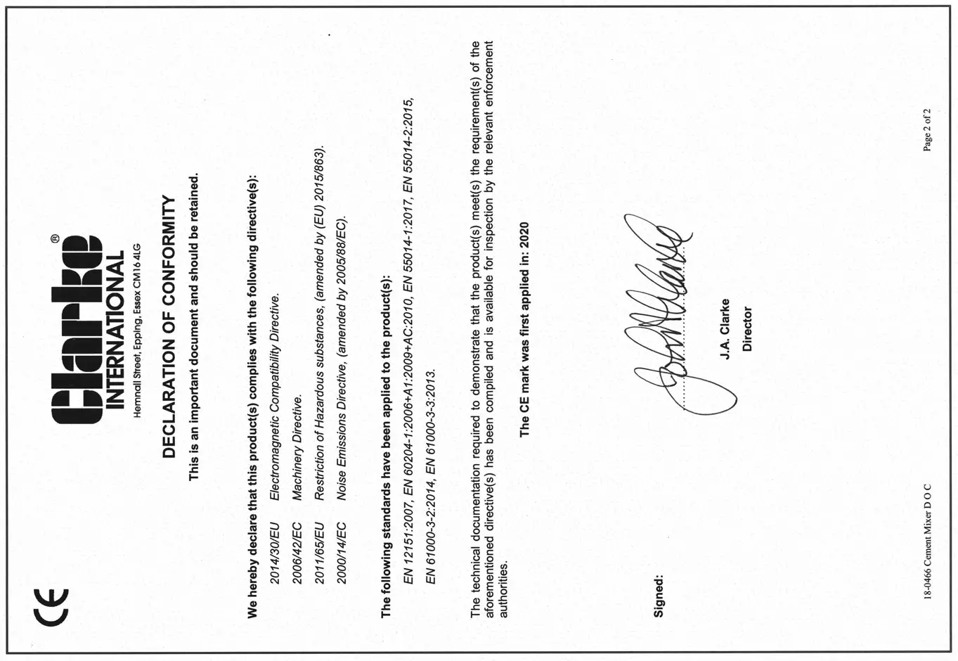 Clarke CCM125D 125L Concrete Cement Mixer - DECLARATION OF CONFORMITY 1