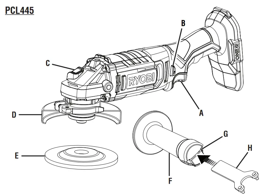 RYOBI PCL445 ONE 18V Cordless 4 1 2 Inch Angle Grinder - fig