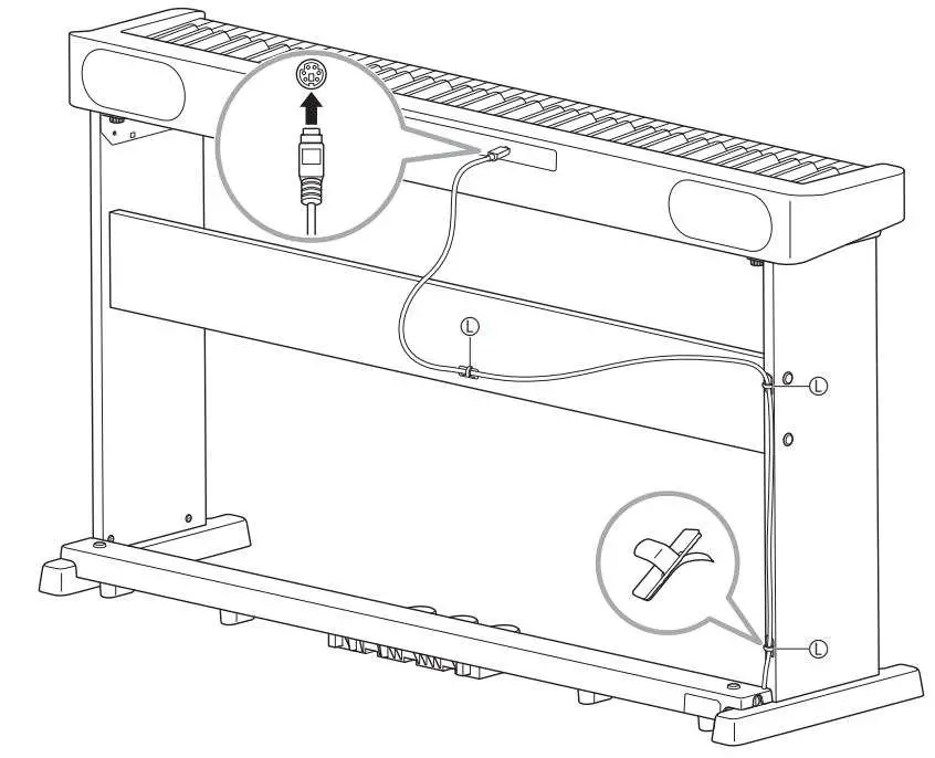 CASIO CS-470P Piano Stand with 3 Pedals User Guide - Routing the pedal unit plug cord as shown in the illustration, plug it into the pedal jack on the back of the piano