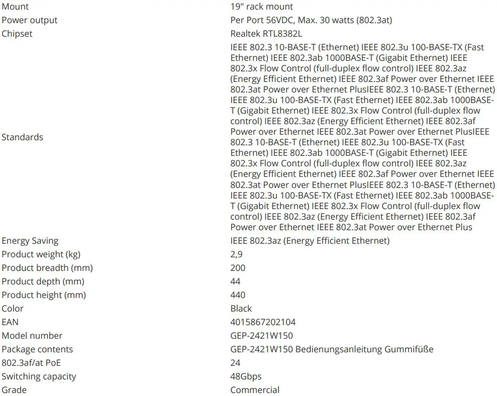 CONCEPTRONIC GEP-2421W150 24 Port Gigabit PoE Switch Instructions - Additional Information
