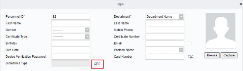 ZKTeco ZKBioSecurity Software - Click on the icon of Biometrics Type 1