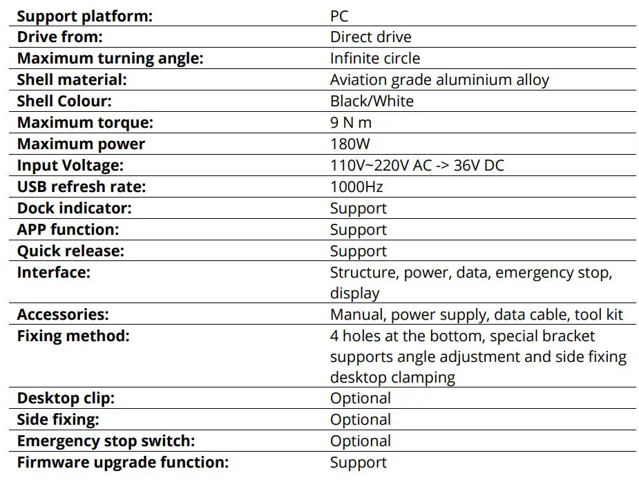 MOZA RACING R9 Direct Drive Wheelbase User Manual - Specification