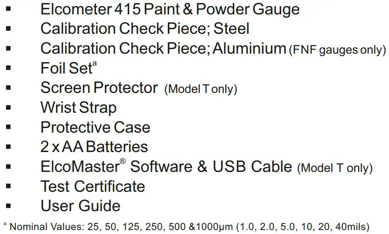 elcometer 415 Paint powder Gauge measuring on smooth surface User Guide - Box Contents