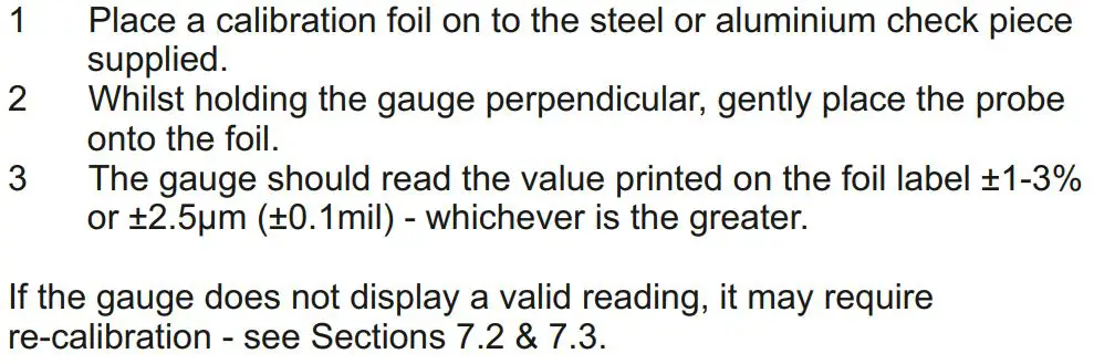elcometer 415 Paint powder Gauge measuring on smooth surface User Guide - Checking the gauge calibration