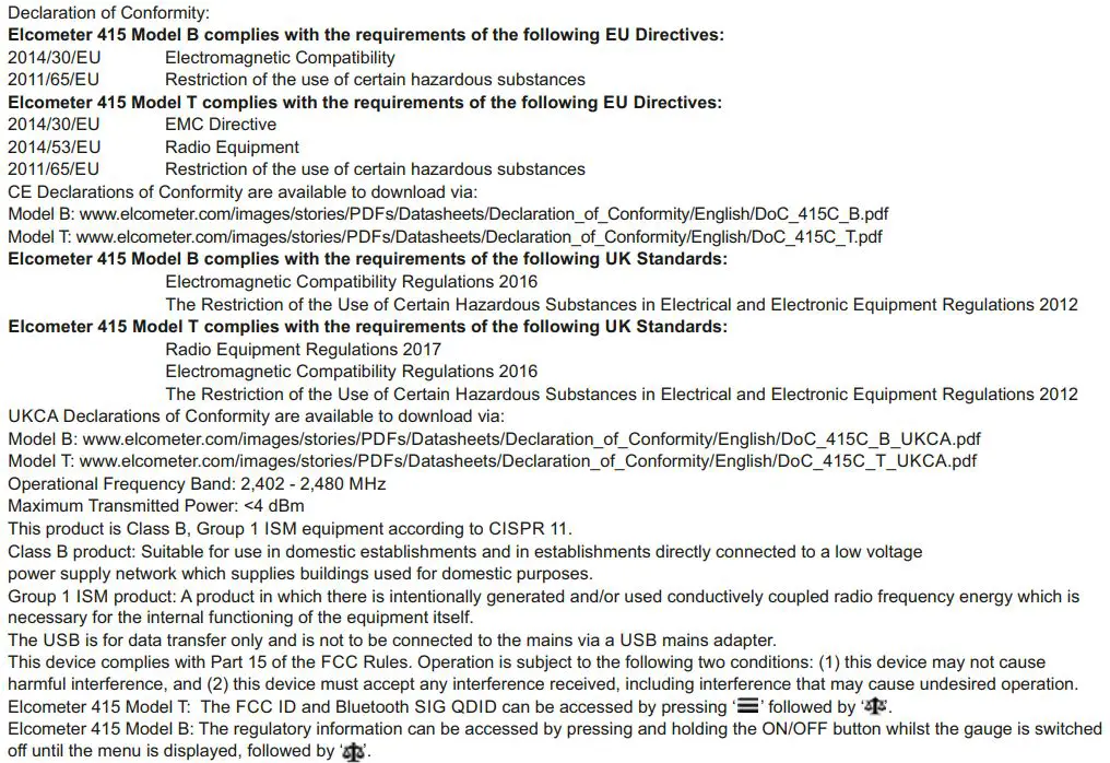 elcometer 415 Paint powder Gauge measuring on smooth surface User Guide - Legal Notices & Regulatory information