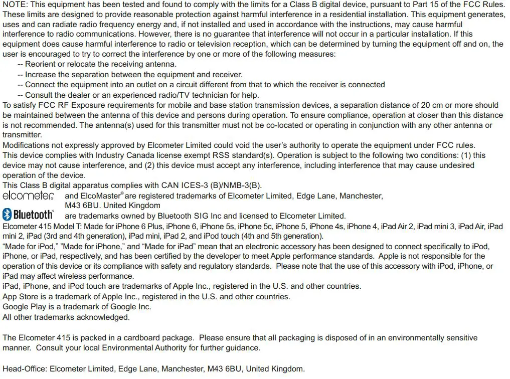 elcometer 415 Paint powder Gauge measuring on smooth surface User Guide - Legal Notices & Regulatory information