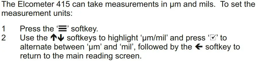 elcometer 415 Paint powder Gauge measuring on smooth surface User Guide - Selecting the measurement units