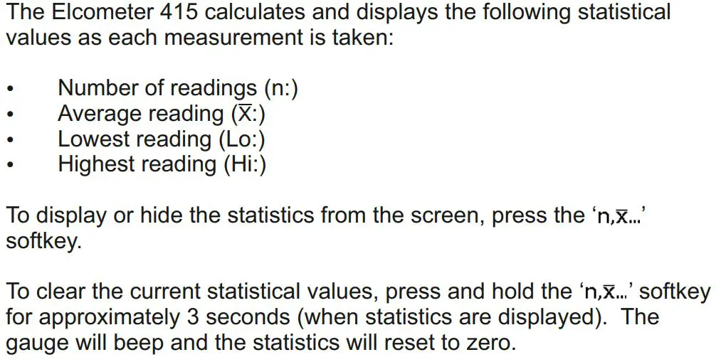 elcometer 415 Paint powder Gauge measuring on smooth surface User Guide - Statistics