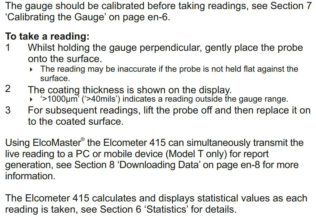 elcometer 415 Paint powder Gauge measuring on smooth surface User Guide - Taking a Reading