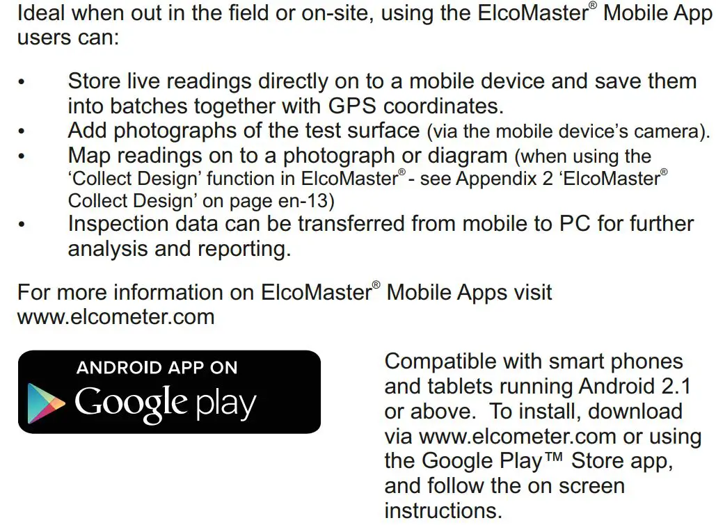 elcometer 415 Paint powder Gauge measuring on smooth surface User Guide - Using Elcomaster Mobile Apps