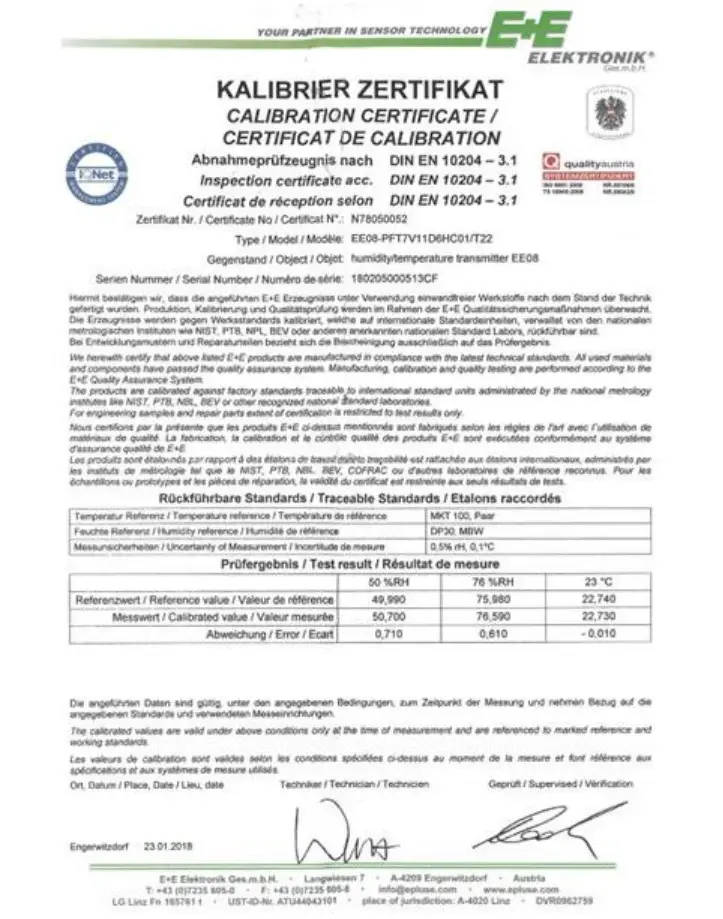 apogee EE08-SS Air Temperature and Relative Humidity Probe - dertificate