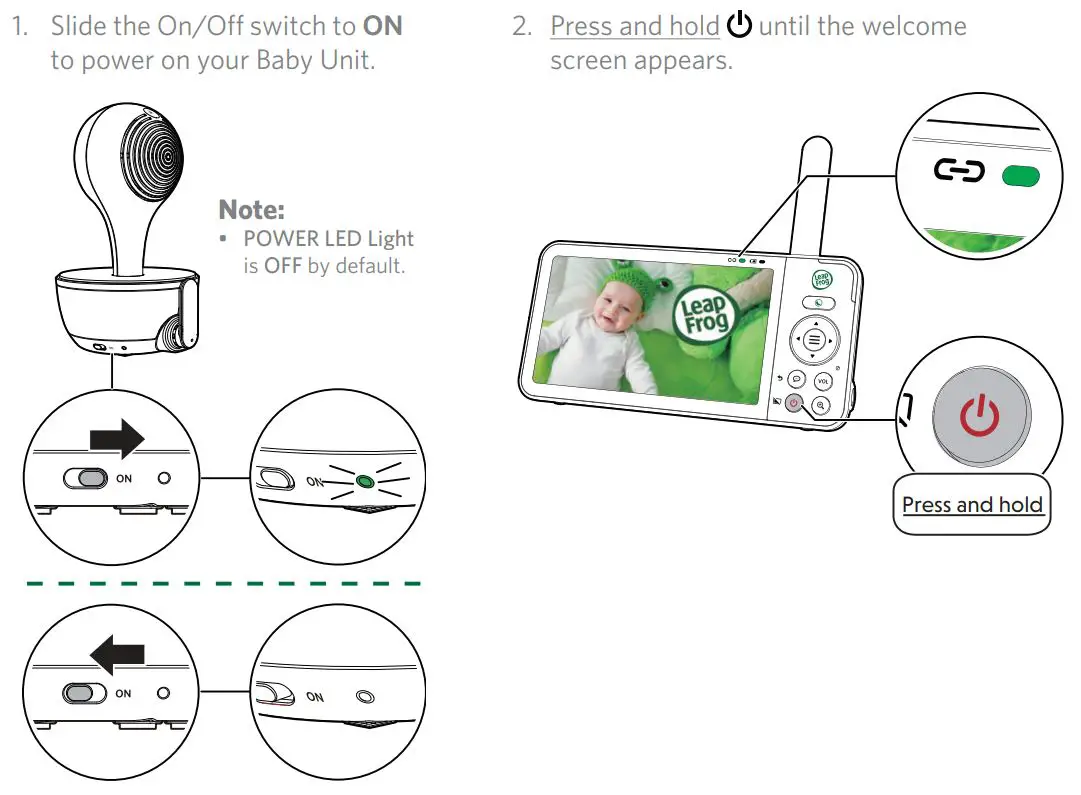 LeapFrog LF815HD 5 inch WiFi High Definition Video Monitor User Guide - Power On or Off the Baby Monitor