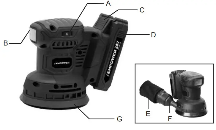EMPOWER COS326 5 inch 24V Max Cordless Orbital Sander-DESCRIPTION