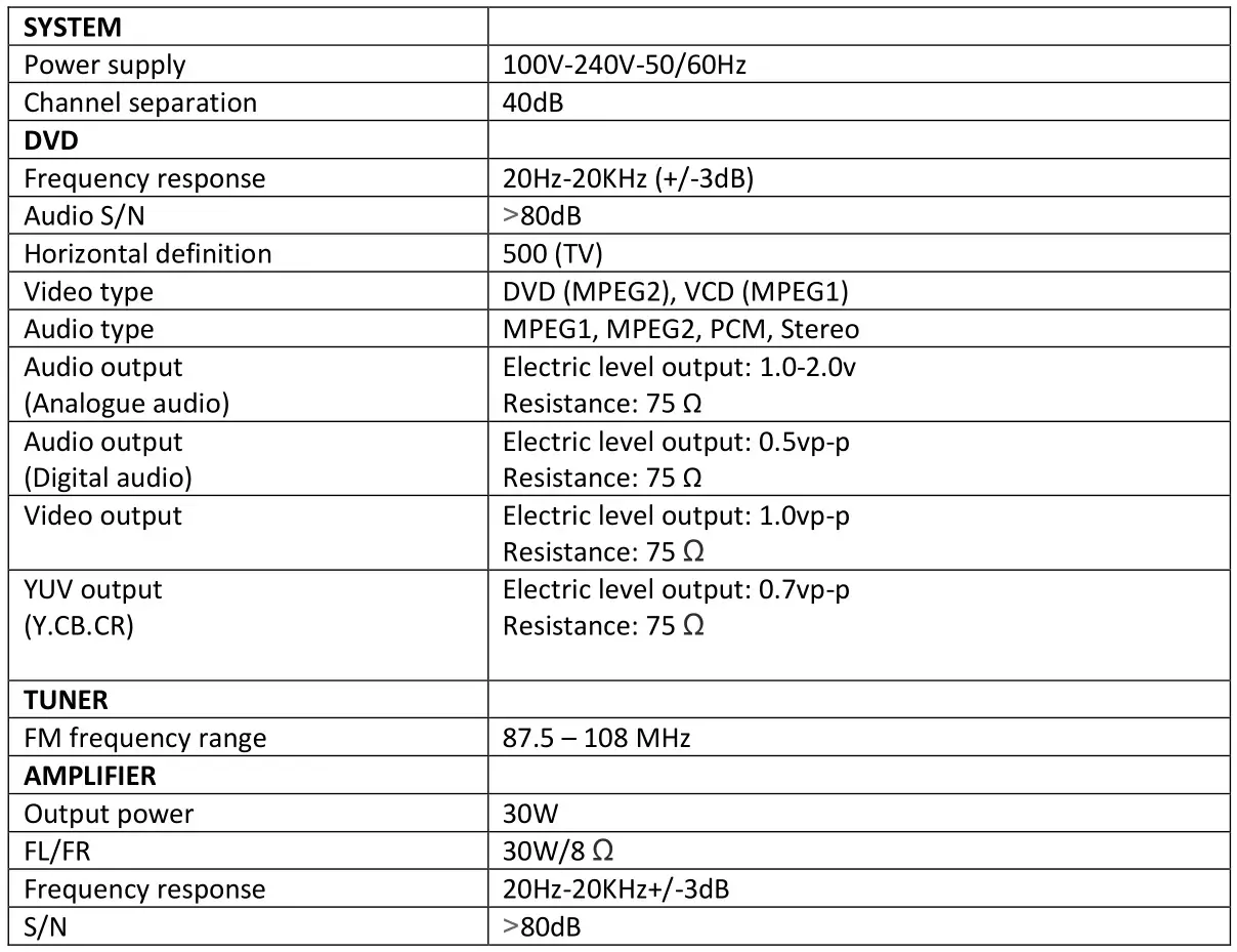 LENOXX BMV26 Bluetooth DVD Hi-Fi System - Specifications