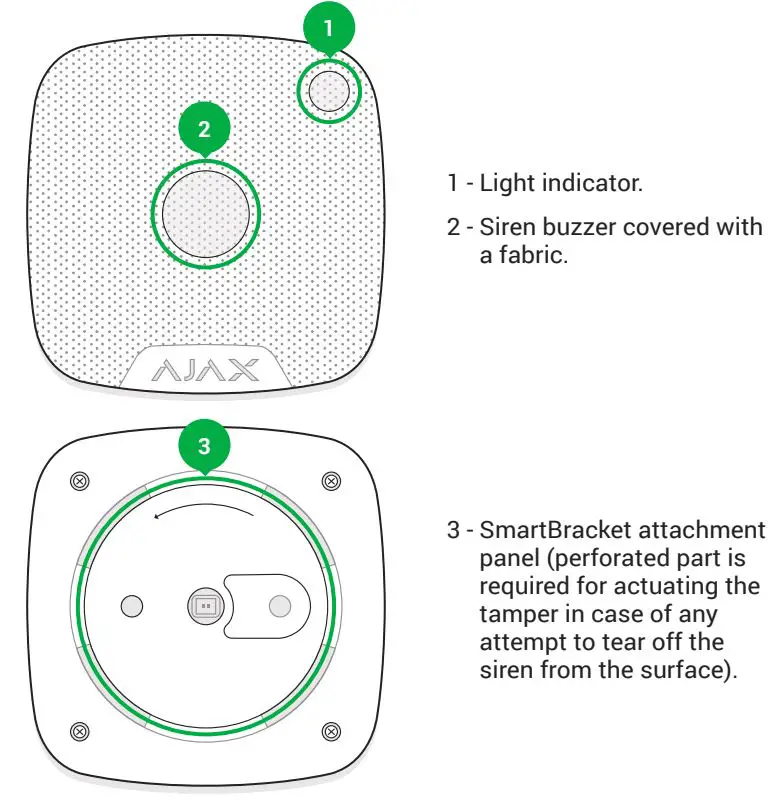 AJAX HomeSiren Wireless Indoor Alarm Siren User Guide - FUNCTIONAL ELEMENTS