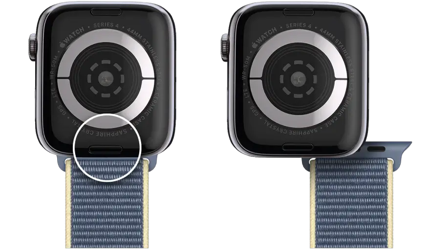 Two images of Apple Watch. The image on the left shows the band release button. The image on the right shows a watch band partially inserted into the band slot.