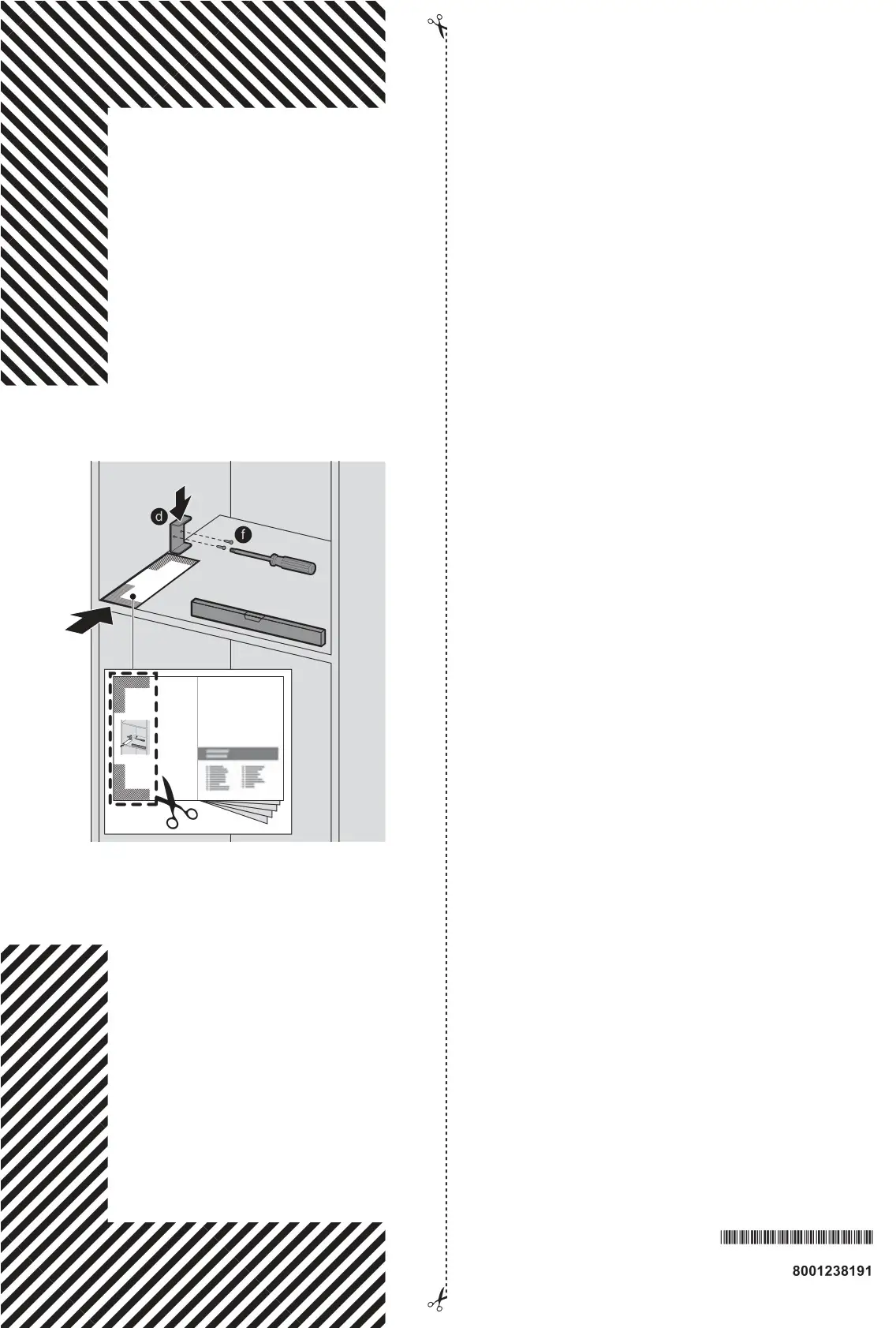 5 Push the appliance into the unit until it clicks into place. Check that the appliance is in the middle. If necessary, align the appliance. To do so, pull the appliance out a little, remove the appropriate spacers e and attach to the left side (top and bottom). Push the appliance into the unit until it clicks into place. 6 Take hold of the appliance door on the right next to the outlet and open. Remove the drip tray Y. Pull the cover X on the bottom left-hand side forwards and remove. Pull out the accessories drawer Z and put to one side. 7 First, screw on the appliance as shown using 2 of each of the fastening screws f and g as well as 2 sleeves j. Then screw tight at the top right of the unit using 1 fastening screw f and sleeve i. 8 Only for the expert In very few cases, the door of the fitted fully automatic machine can jam due to a warpage in the built-in units. The door can be adjusted. To do this adjust the hinges at the top and the bottom. I. Adjust the depth of the door by turning the screws V. II. Turn the screws W to adjust the inclination and the horizontal position of the doors. 9 Insert the cover X and fix with the two black fastening screws h. 10 Replace the drip tray Y and accessories drawer Z and close the appliance door.