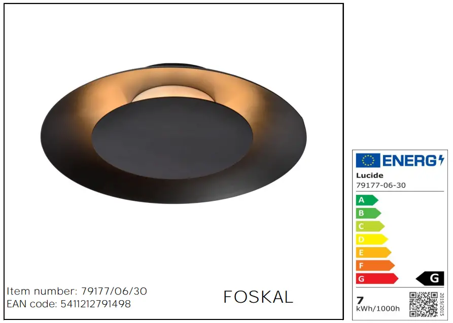 LUCIDE 79177 FOSKAL Flush Ceiling Light - fig 1