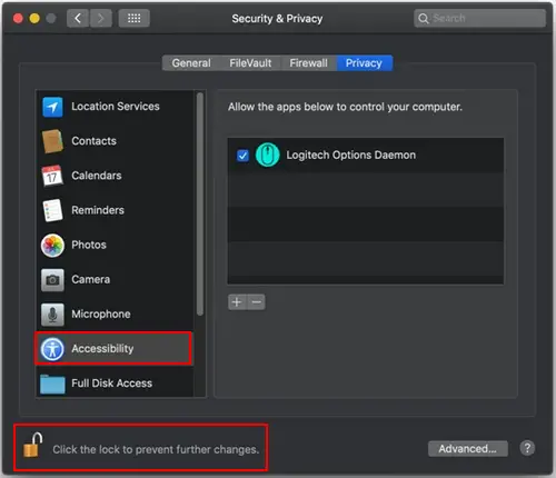 Logitech Options Daemon Access