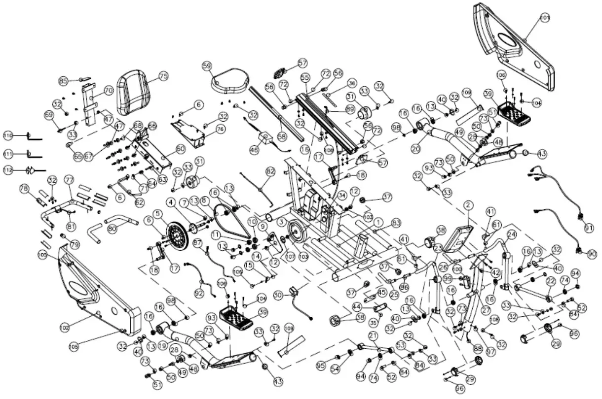 HCI Fitness PhysioStep HXT Recumbent Cross Trainer Exercise Bike - EXPLODED DRAWING