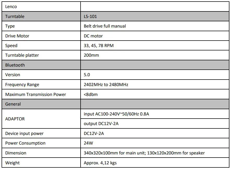 Lenco LS 101 Turntable and HiFi Speaker User Manual - Technical information