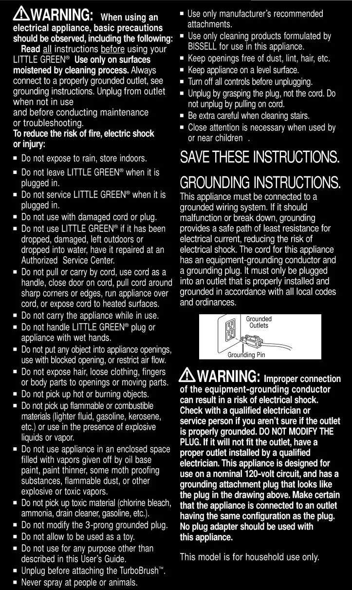 Bissell 1720-1725 Series Little Green - IMPORTANT SAFETY INSTRUCTIONS