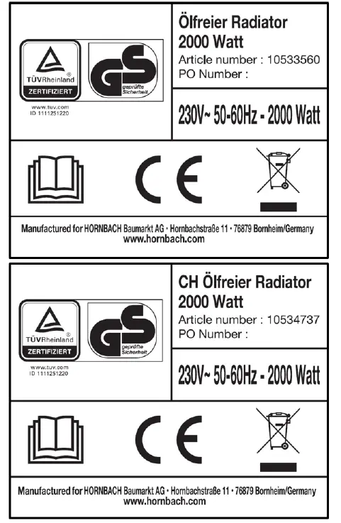HORNBACH 10533560 2000 Watts Oil Free Radiator FIG 1
