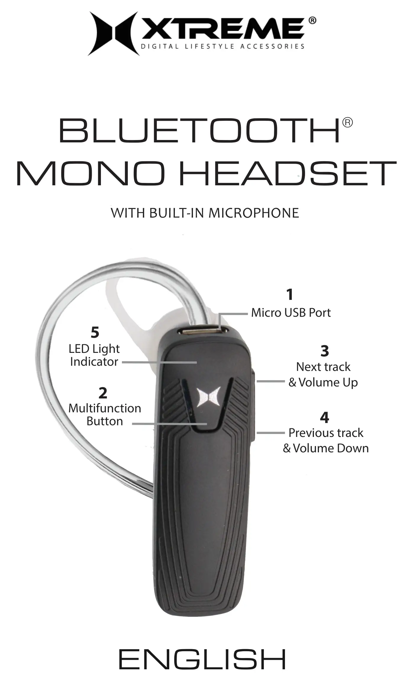 XTREME XHF9-0102-BT Bluetooth Mono Headset with Built-In Microphone User Manual