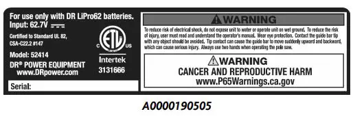 DR Power Pulse 62v Pole Saw - Labels