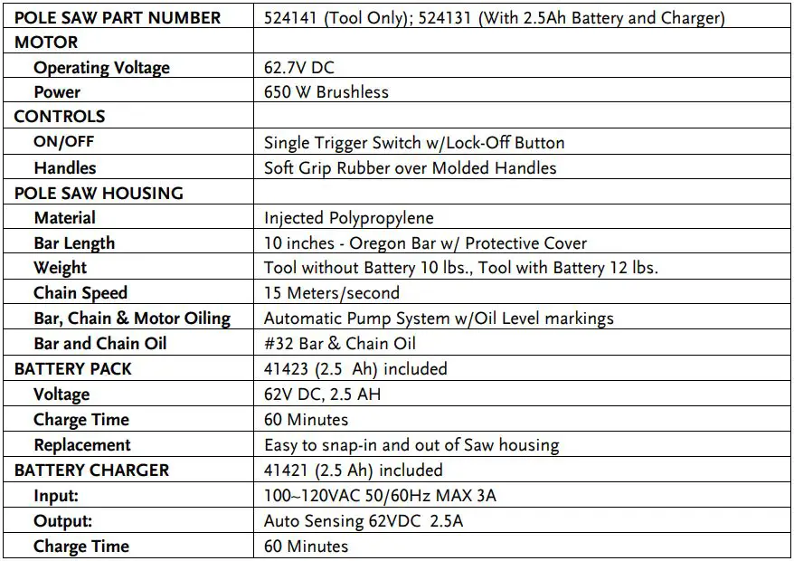 DR Power Pulse 62v Pole Saw - Specifications