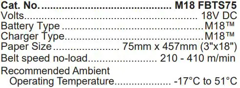milwaukee FBTS75 M18 Fuel Belt Sander Owner's Manual - SPECIFICATIONS