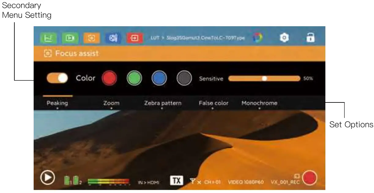 Atom A5 5.5 Inch Wireless RX or TX Monitor Display Interface Overview