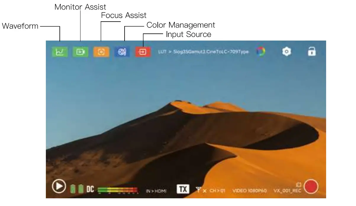 Atom A5 5.5 Inch Wireless RX or TX Monitor Display Interface Overview