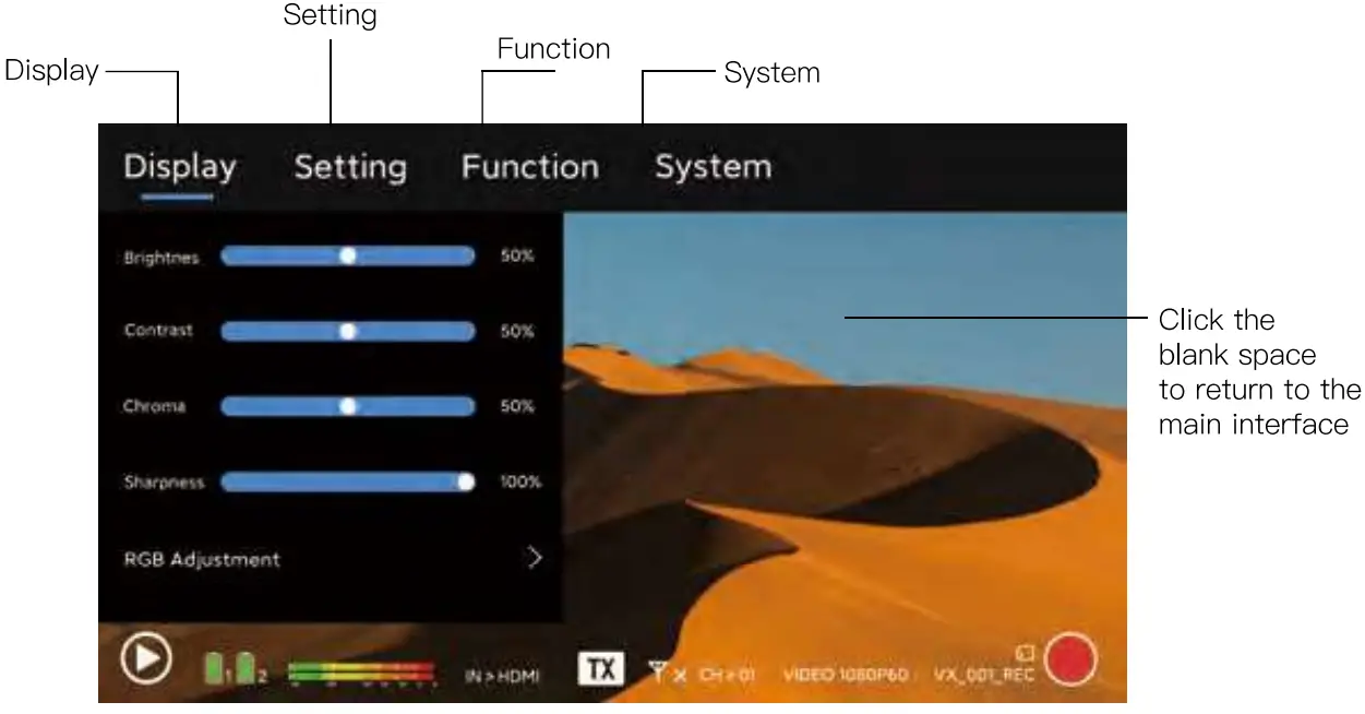 Atom A5 5.5 Inch Wireless RX or TX Monitor Display Interface Overview