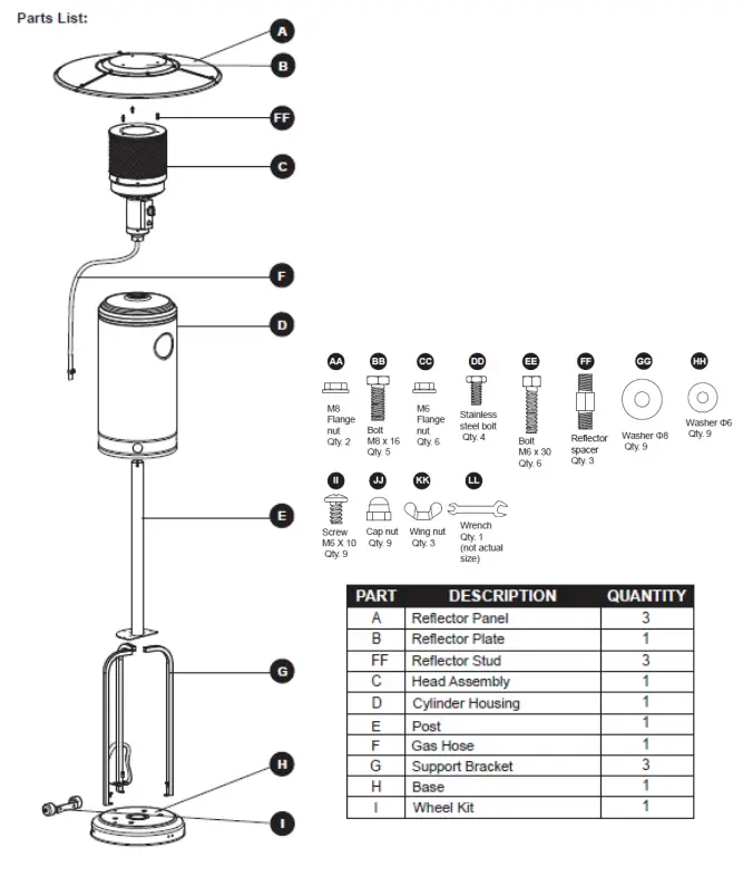 OYPLA 3120 Free Standing 12W Outdoor Gas Patio Heater - parts