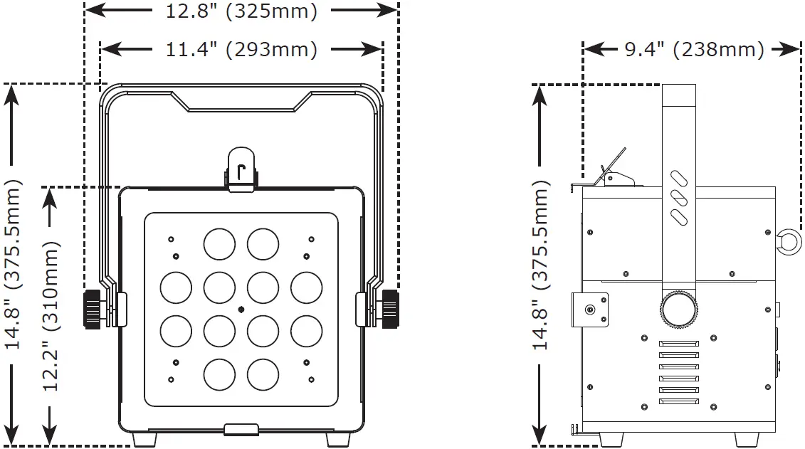 blizzard UVONIX Blackstar 120W UV LED Blacklight + Barndoors Dimensional Drawings