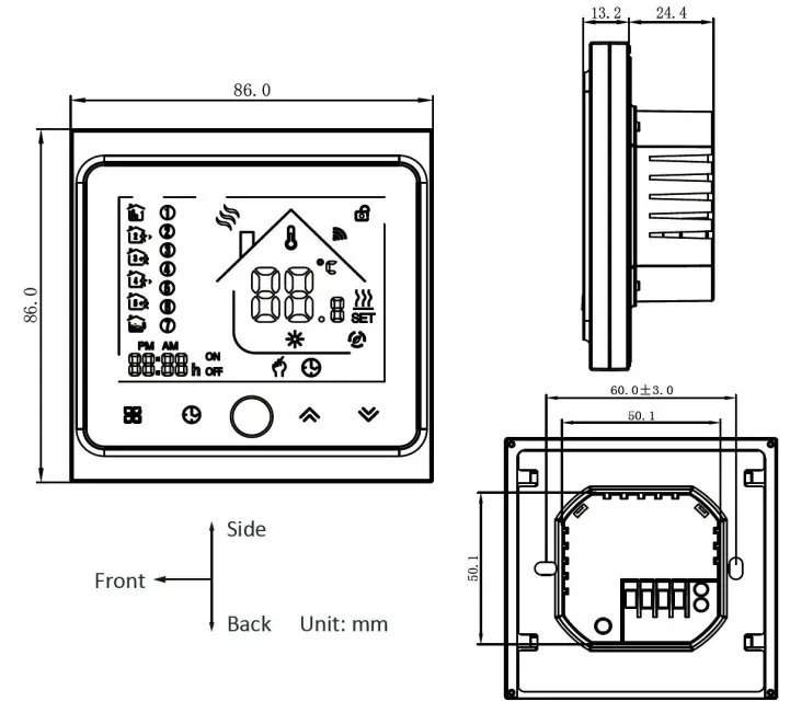 uheat TW02 Touch Screen Room Thermostat - Dimension
