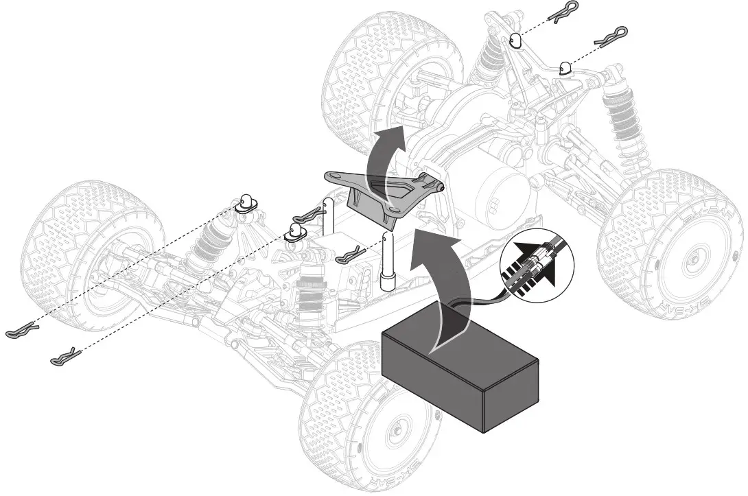 Losi LOS01015T1 Stadium RC Truck Instruction - INSTALLING THE BATTERY AND POWERING ON THE VEHICLE