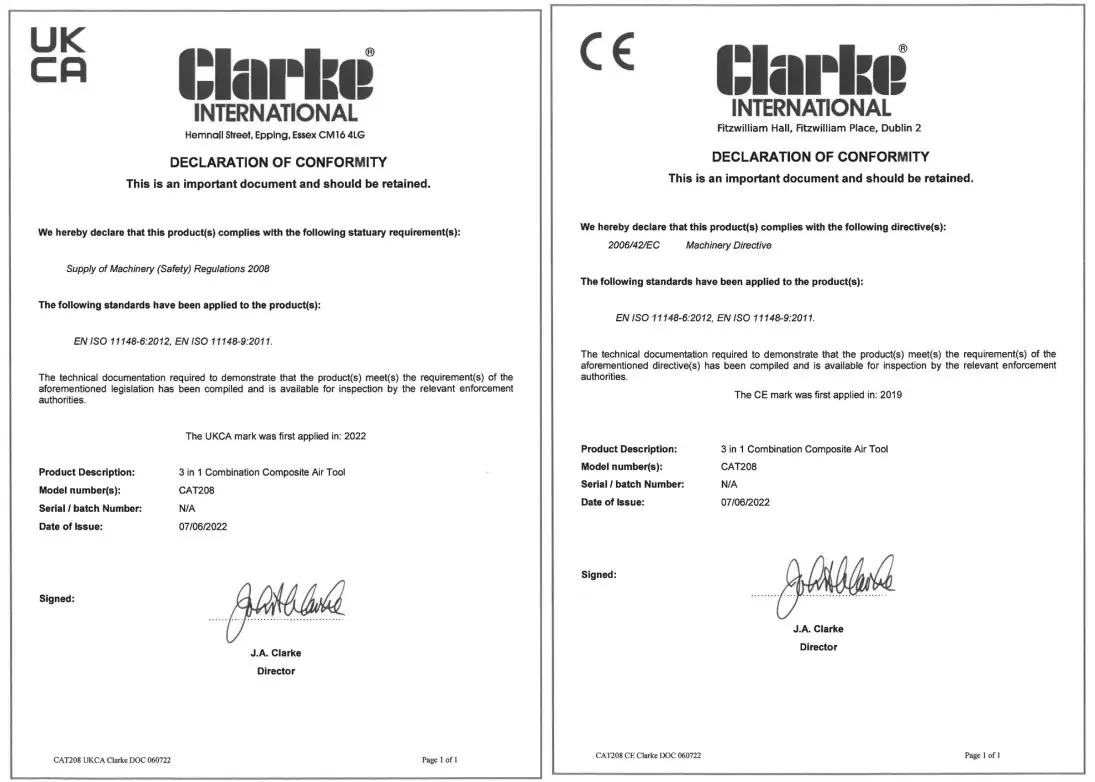 clarke CAT208 X PRO 3 in 1 Combination Composite AirTOOL KIT - certificate