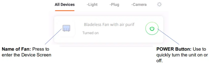 electriQ IQ-PURECOOLUVW Bladeless -DEVICE SCREEN