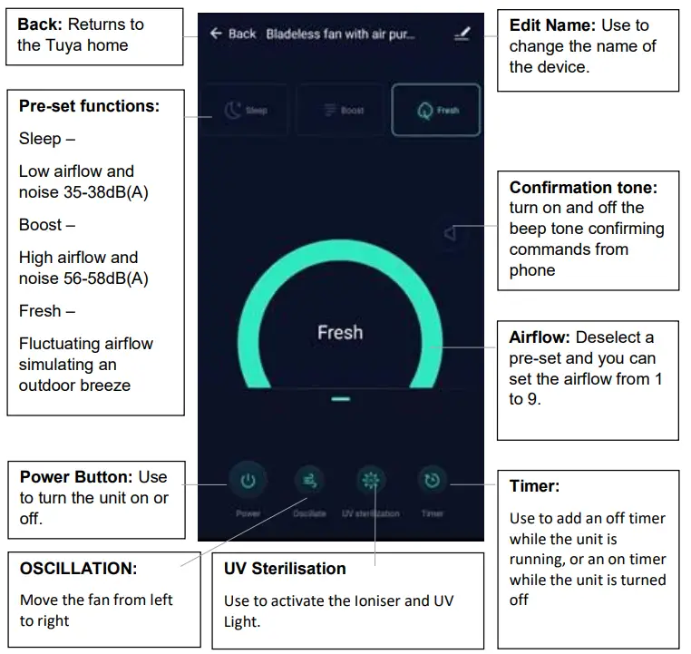 electriQ IQ-PURECOOLUVW Bladeless -s the main control screen