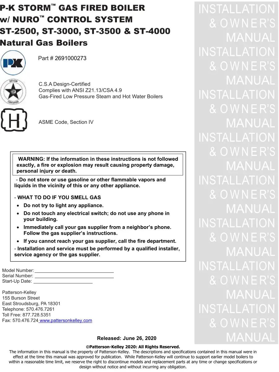 Patterson Kelley P-K Storm Gas Fired Boiler User Manual