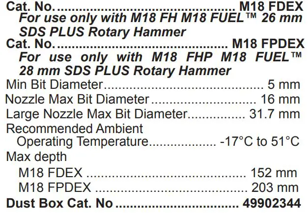 milwaukee M18 FDEX HAMMERVAC 26MM28MM DEDICATED DUST extractor User Manual - SPECIFICATIONS